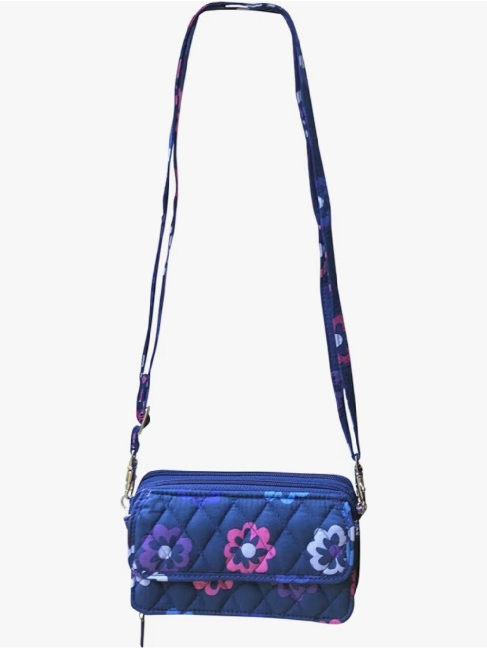 Vera Bradley Navy Quilted Crossbody with Pink & Purple Floral Print
